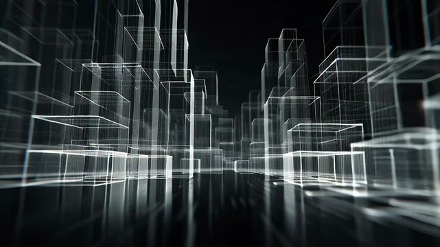Abstract technological city background with glowing 3D wireframe buildings moving forward, representing data, networks, communication, and digital architecture visualization.
