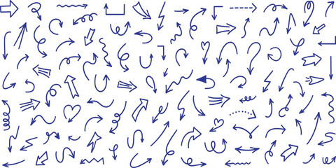 Large Set of Red Hand-Drawn Doodle Arrows and Swirls Isolated on White