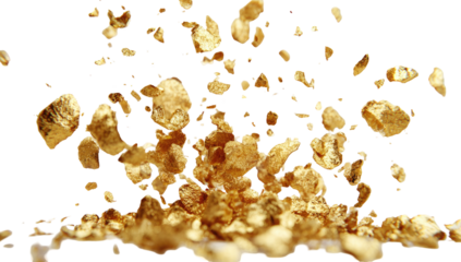 Golden nuggets burst upwards against a solid black backdrop