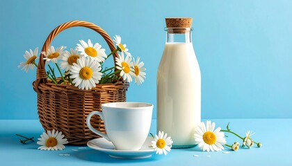 A Still Life Composition Featuring a Cup of Coffee, a Bottle of Milk, and Daisies in a Basket.