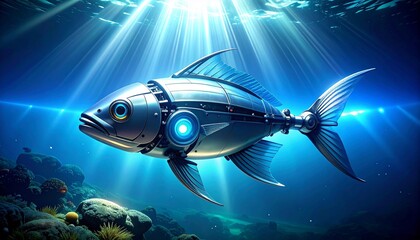 Futuristic robotic fish underwater, metallic body with gears and translucent fins, illuminated in blue tones.