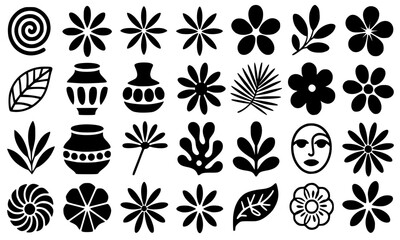 Fototapeta premium Modern Minimalist Botanical and Pottery Icon Collection, Black Silhouette Floral Elements and Ceramic Vase Symbols for Branding and Web Design, Abstract Nature and Aesthetic Decor Graphics Isolated 