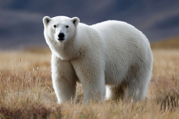 Fototapeta premium Polar bear standing in a natural tundra landscape, wildlife and climate change concept in the Arctic environment
