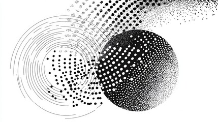 Abstract Black and White Pixelated Spheres on a White Background Dotted Design with Gradient Effect for Conceptual Art Minimalist Style