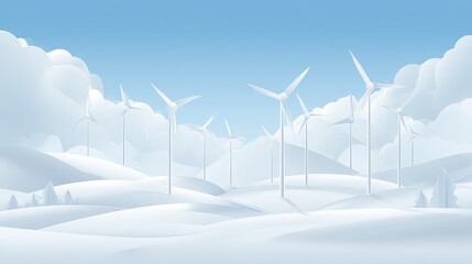 Wind Turbines Dotting Snowy Hills Under Blue Sky in a Serene Winter Landscape with Mountains and Soft Lighting Digital Art