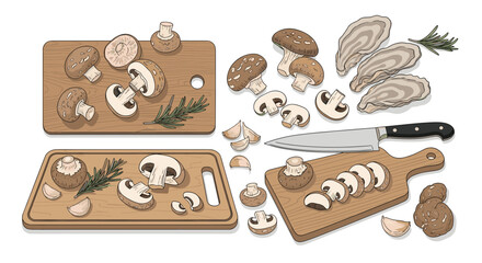 Preparation scene with various mushrooms and a knife on wooden cutting boards shows the process of cooking healthy vegetable ingredients.