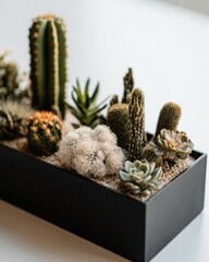 Variety Of Succulents And Cactus In A Black Container