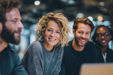 Diverse business team collaborating around a laptop in a modern office, discussing ideas and analyzing data during a professional meeting