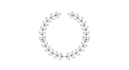 Simple circular laurel wreath made of small leaves and thin branches depicted in a minimalist black and white line art.
