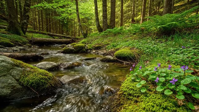 Serene forest stream flowing over mossy rocks with vibrant green foliage and purple flowers in the foreground, surrounded by tall trees in a natural landscape.