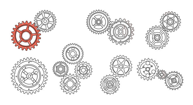 Technical collection of various mechanical gears and cogs with one gear highlighted in red to signify a specific part.