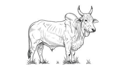 Realistic black and white line drawing of a powerful ox or bull standing still on a patch of grass showing its horns and hump.