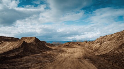 Naklejka premium Section of the monster truck track with massive dirt ramps and clear tire marks, capturing the scale and rugged detail of an outdoor dirt racing course