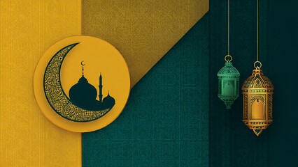 A serene Islamic celebration scene with mosque, crescent moon, and hanging lanterns against a divided yellow and green background