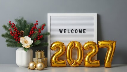 Welcome 2027 New Year Decoration with Golden Balloons and Festive Interior