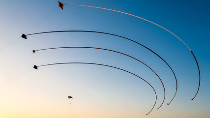 Multiple kites with long tails flying high in a clear blue sky, creating elegant arcs during sunset or sunrise, showcasing a peaceful outdoor scene.