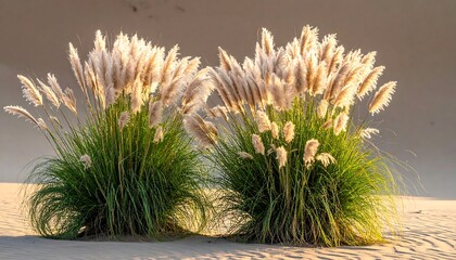 Two large pampas grass plants with feathery plumes in soft sunlight.