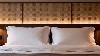 清潔なリネンと落ち着いた照明で演出されたホテルベッドとヘッドボードを捉えた室内写真