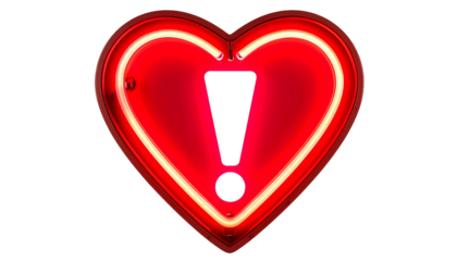 Illuminated red heart shape with an exclamation point inside, presented against a black backdrop, a concept of urgency