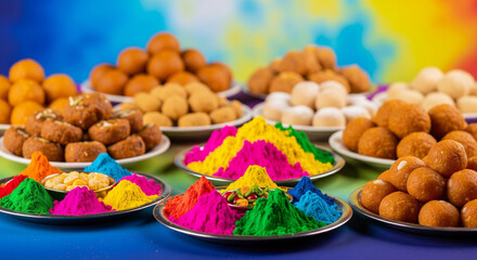 The vibrant array of traditional Holi foods and sweets, set against a festive backdrop, inviting a taste of the celebration