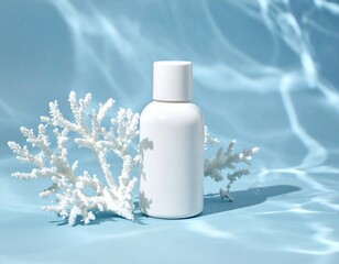 Elegant white bottle with coral on rippling blue background
