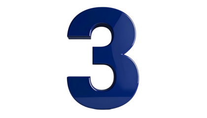 Glossy, three-dimensional number "3" rendered in a dark blue color, set against a black background, with slight reflections