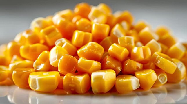 Golden Corn Kernels: A vibrant pile of fresh, golden corn kernels, showcasing their succulent texture and appealing color, perfect for culinary and agricultural themes.