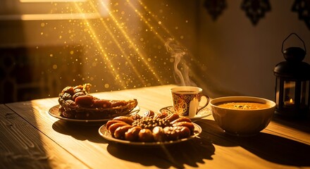 Dates and coffee with warm light symbolic food for religious observation