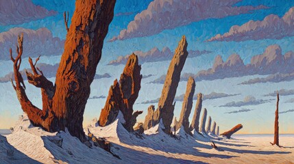 Pixelated Desert Landscape With Towering Trees At Sunrise