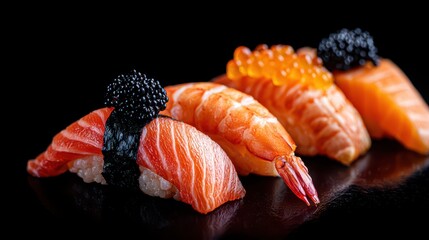 Assorted Nigiri Sushi Platter Featuring Salmon Shrimp and Roe on Black Background with Studio Lighting and Reflective Surface for Culinary Presentation