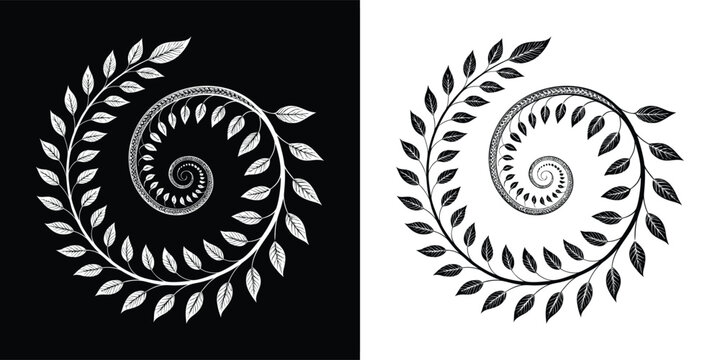 Elegant distressed spiral leaf design in contrasting black and white, a botanical swirl with textured foliage, perfect for decorative projects