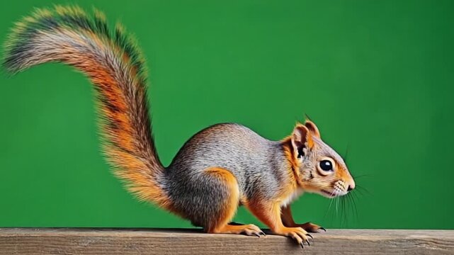 Adorable squirrel standing on wooden plank against green background