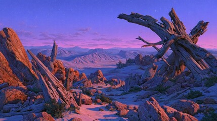 Pixelated Desert Landscape At Twilight With Mountains And Dead Tree
