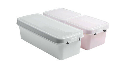Close-up of three rectangular, lidded containers, one white, one pink, and one off-white. Each has a latch closure and a smooth, clean design