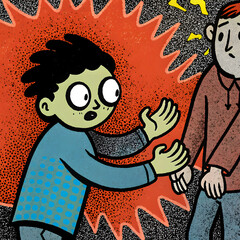 Teenager arguing with another boy in vibrant comic style illustration with dynamic colors