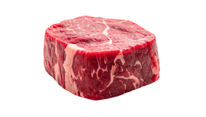Close-up studio shot of a raw, rectangular cut of red meat. The texture reveals marbling and muscle fiber definition