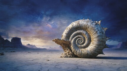 Large Gold Spiral Shell In Desert Landscape At Sunrise