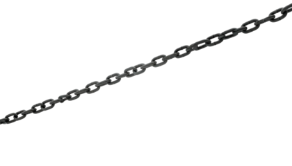 Angled shot of a dark metal chain against a black background. The chain's links form a diagonal line across the view