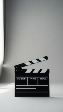 Classic movie clapperboard in studio light, symbolizing film production and media industry