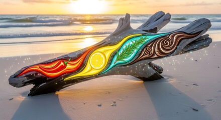 Decorated driftwood on beach with sunset in background decorative art