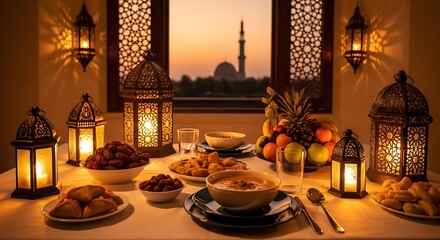 Decorated dining table with lanterns and food at sunset