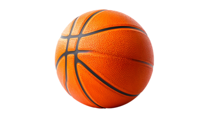 An isolated, perfectly round basketball is set against a pure black background. The orange sphere has detailed texture