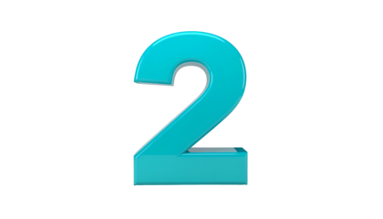 A vibrant, turquoise, three-dimensional numeral "2" with slight shading and highlights, floating against a solid black background