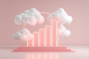 Abstract Pink Rendered Scene with 3D Clouds and Glowing Bar Graph Illustration