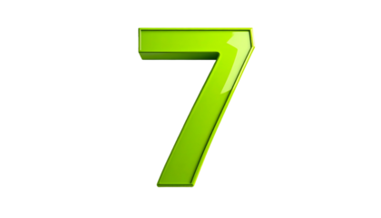 A vibrant, three-dimensional numeral seven rendered with a glossy, lime-green appearance against a stark, black backdrop. It casts a subtle shadow
