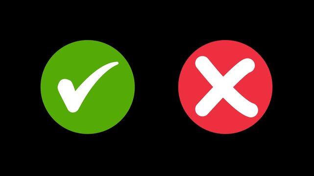 Animated pop-up green check mark and red cross X symbol on a transparent background. A checkmark in and out motion graphics animation. Video footage of yes or no, true or false