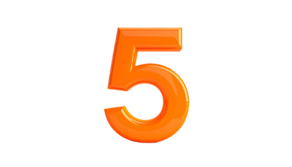 A vibrant, glossy, orange numeral "5" is set against a stark, black background, creating a bold, eye-catching visual contrast. The number is 3D-rendered