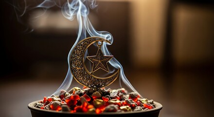 Decorative crescent moon and star with rising smoke on burning coals
