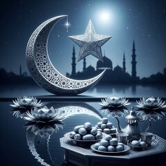 Decorative crescent moon and star with stylized lotus flowers and food display