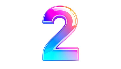 A vibrant, glossy digit 2 rendered in a gradient of blues, pinks, and oranges against a stark black backdrop. Its appearance is luminous and three-dimensional